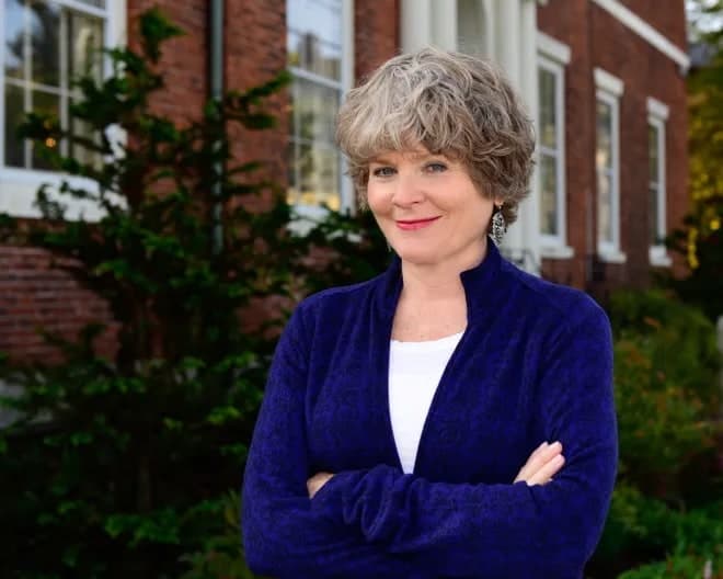 Kathleen Soldati outside the Portsmouth Historical Society.